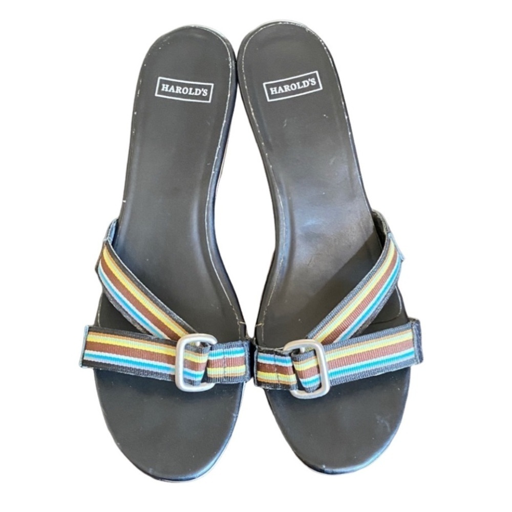 Harold's Black Sandals with Striped Straps and silver buckle. Size 8.